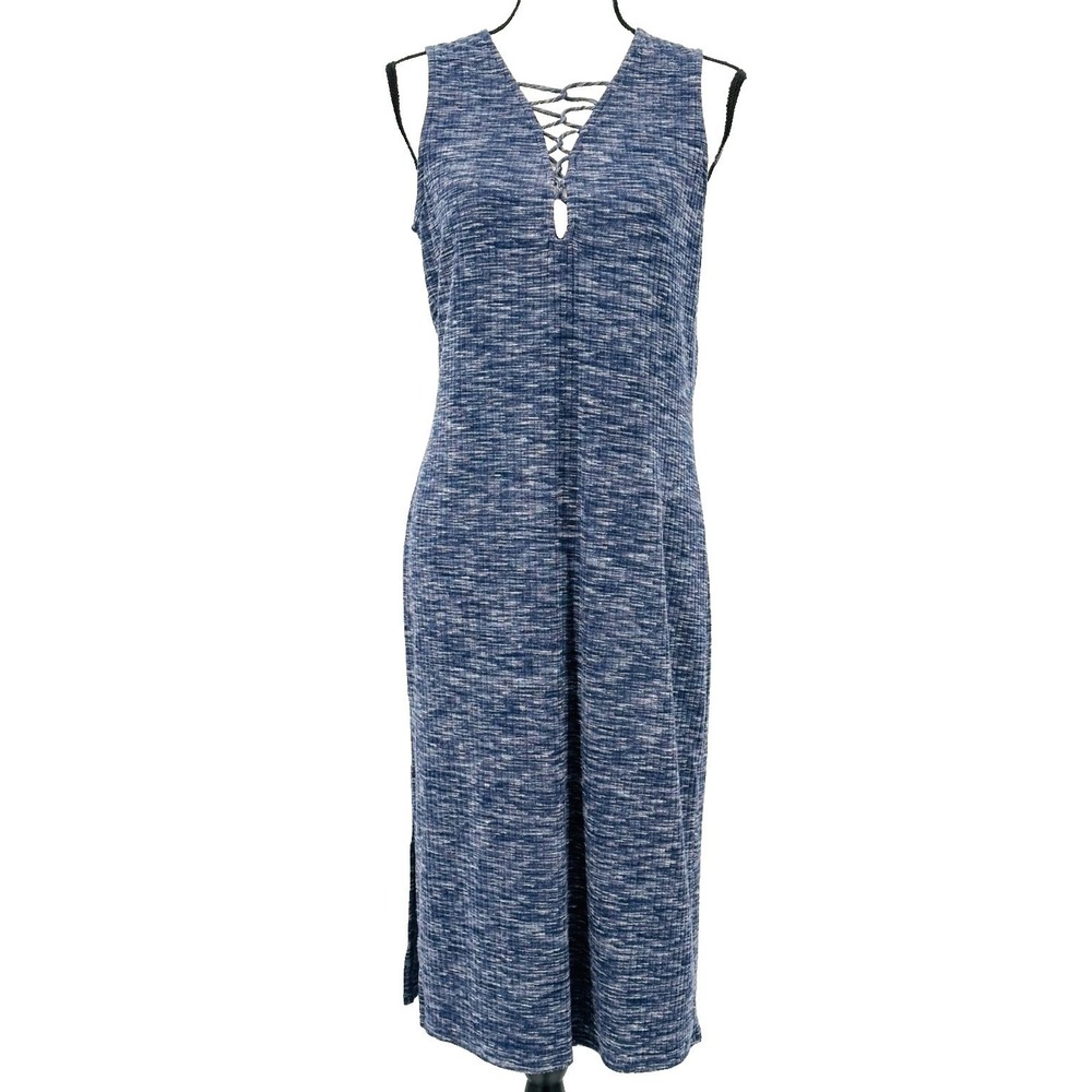 SUN & SHADOW Midi Dress Sleeveless Stretch Jersey Blue Heather Lace V-Neck Large